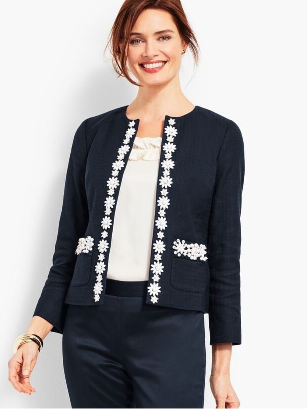 Talbots Navy Collarless Jacket with White Floral Trim